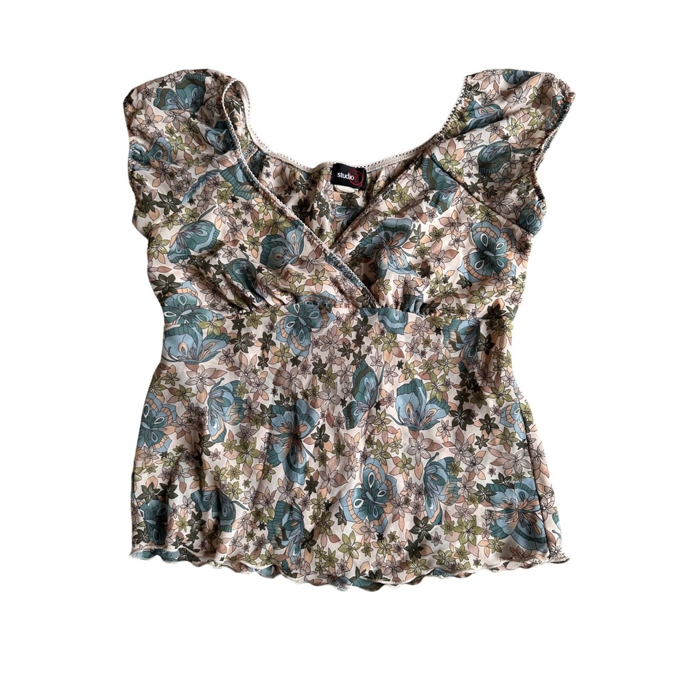 Vintage Y2K Studio Y Butterfly Babydoll Blouse Womens L Floral Fairy Coquette